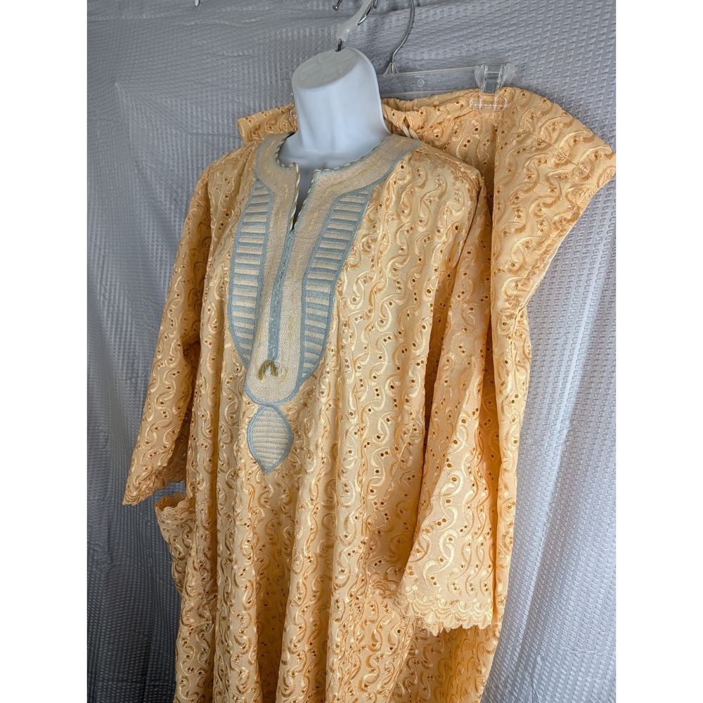 Mens African Dashiki Embroidered 2 Piece Pant Set Kaftan Tunic Yellow XL XXL